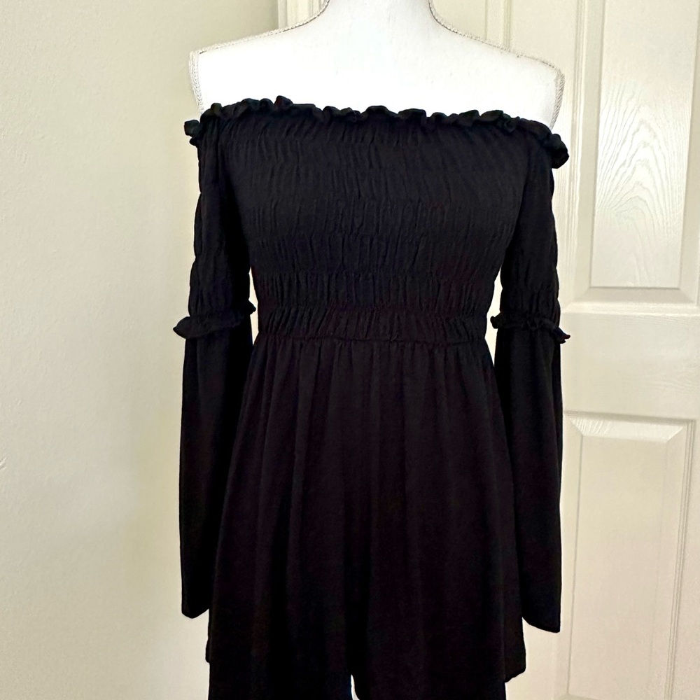 ASOS Black Off-Shoulder Jumpsuit with Smocked Bodice